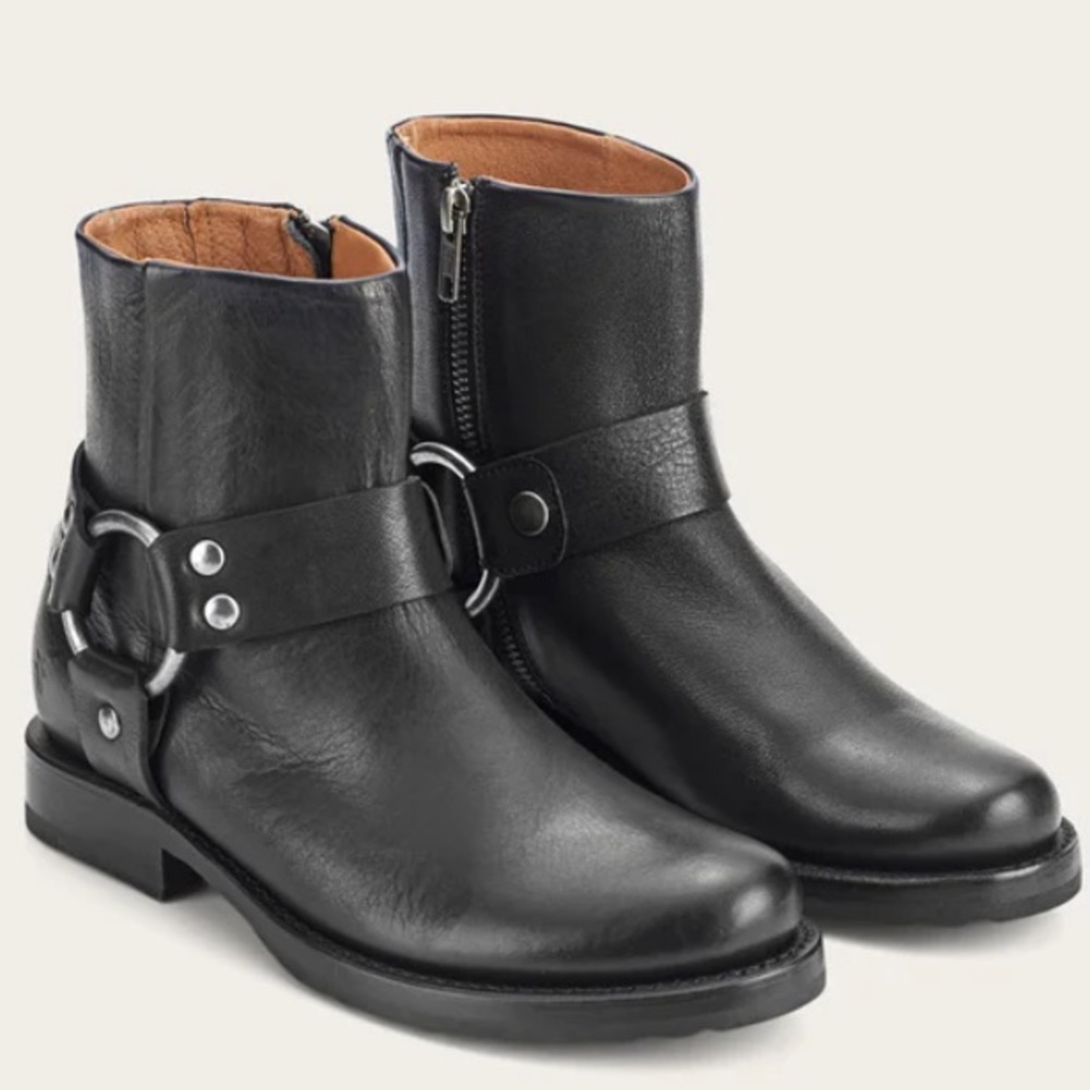 Frye Black Leather Buckle Ankle Booties